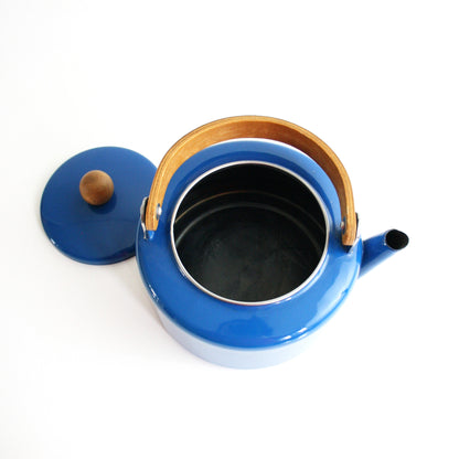 SOLD - Mid Century Enamel Tea Kettle with Wood Handle / Vintage Blue Enamel Tea Kettle