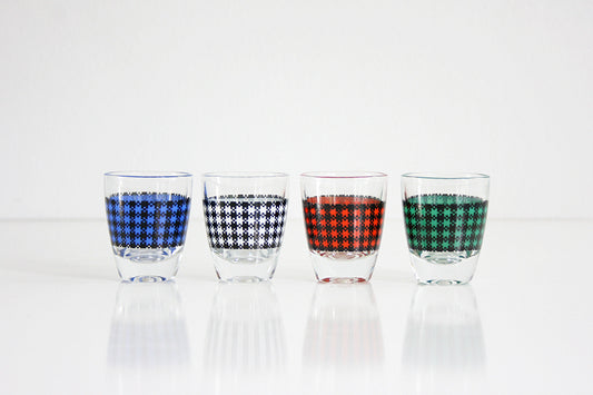 SOLD - Mid Century Modern Houndstooth Shot Glasses / Colorful Vintage Barware