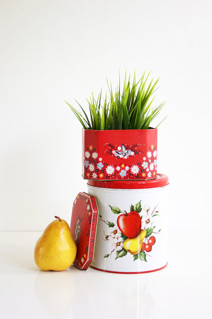 SOLD - Vintage Decoware Fruit Kitchen Canister / Vintage Red and White Kitchen Tin