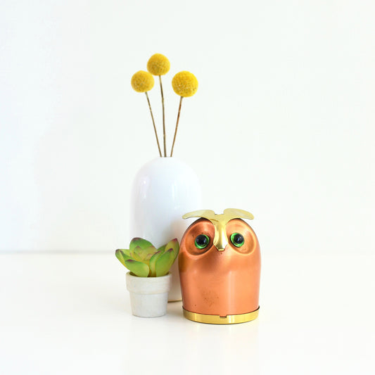 SOLD - Mid Century Copper and Brass Owl Bank by Coppercraft Guild