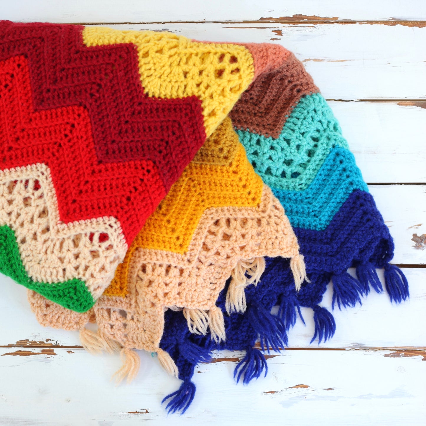 SOLD - Vintage Crochet Chevron Rainbow Afghan Throw