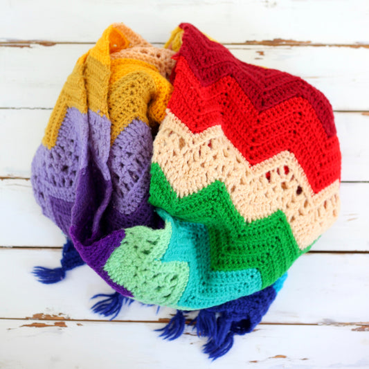 SOLD - Vintage Crochet Chevron Rainbow Afghan Throw