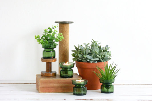 SOLD - Danish Modern Dansk IHQ Green Glass Tealight Holders by Jens Quistgaard / Mid Century Modern Candle Holders