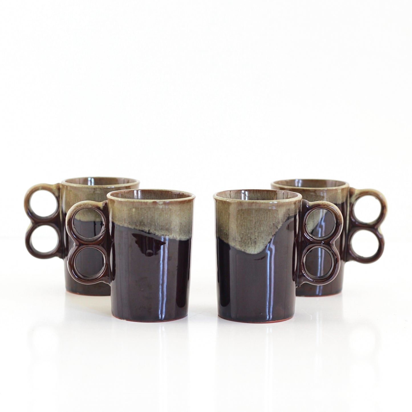 SOLD - Vintage Drip Glaze Trigger Handle Mugs