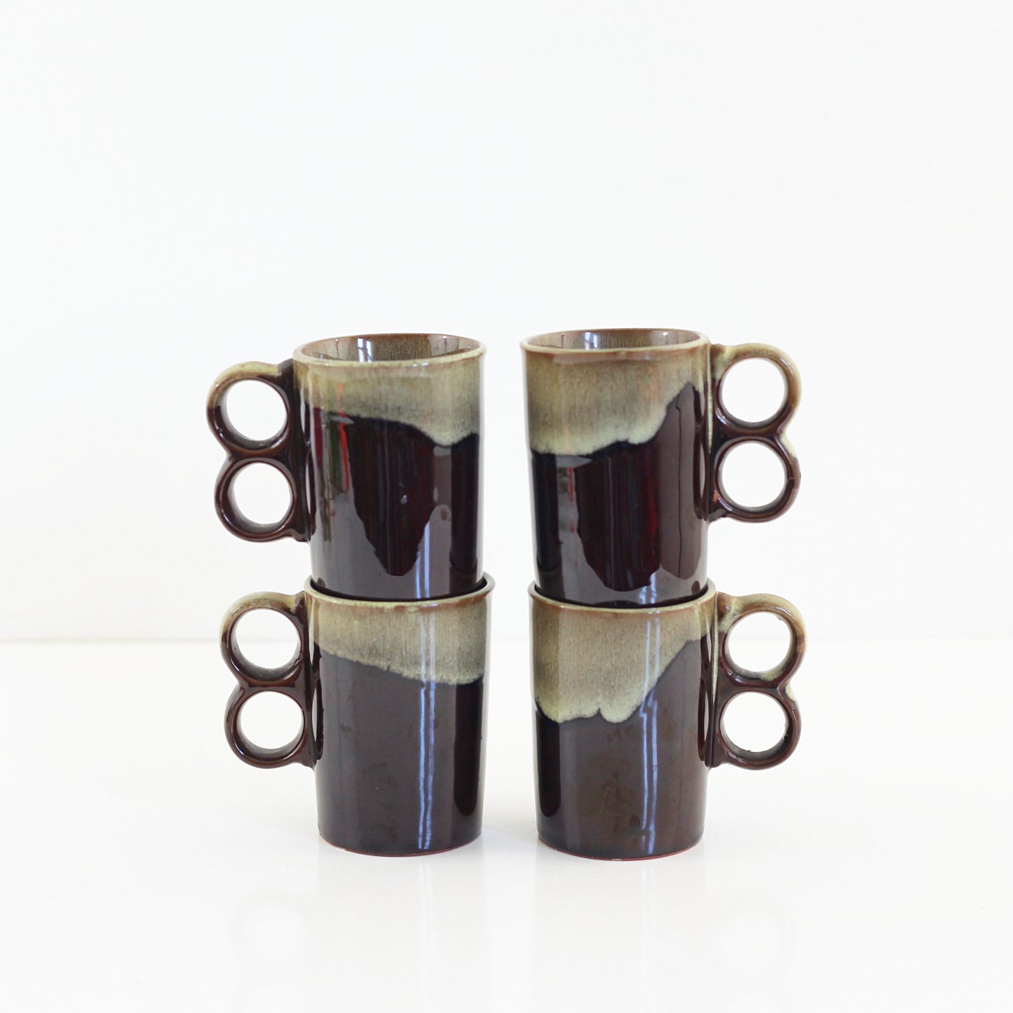 SOLD - Vintage Drip Glaze Trigger Handle Mugs