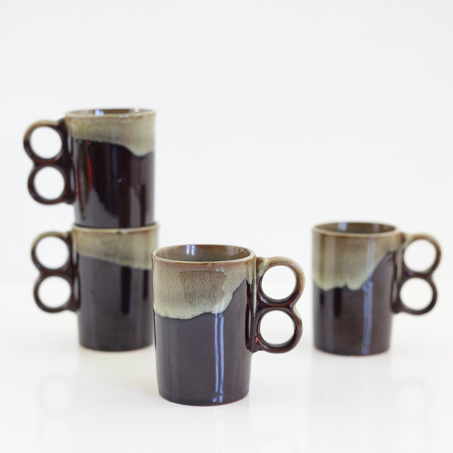 SOLD - Vintage Drip Glaze Trigger Handle Mugs