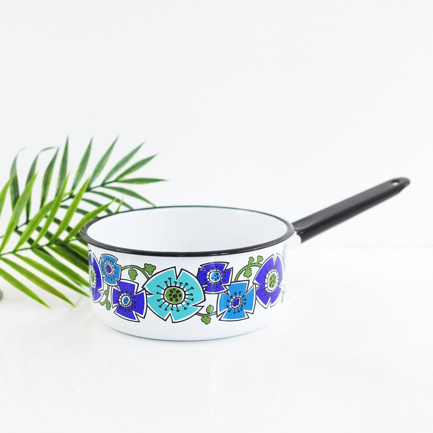 SOLD - Vintage Enamel Sauce Pan with Turquoise & Cobalt Flowers