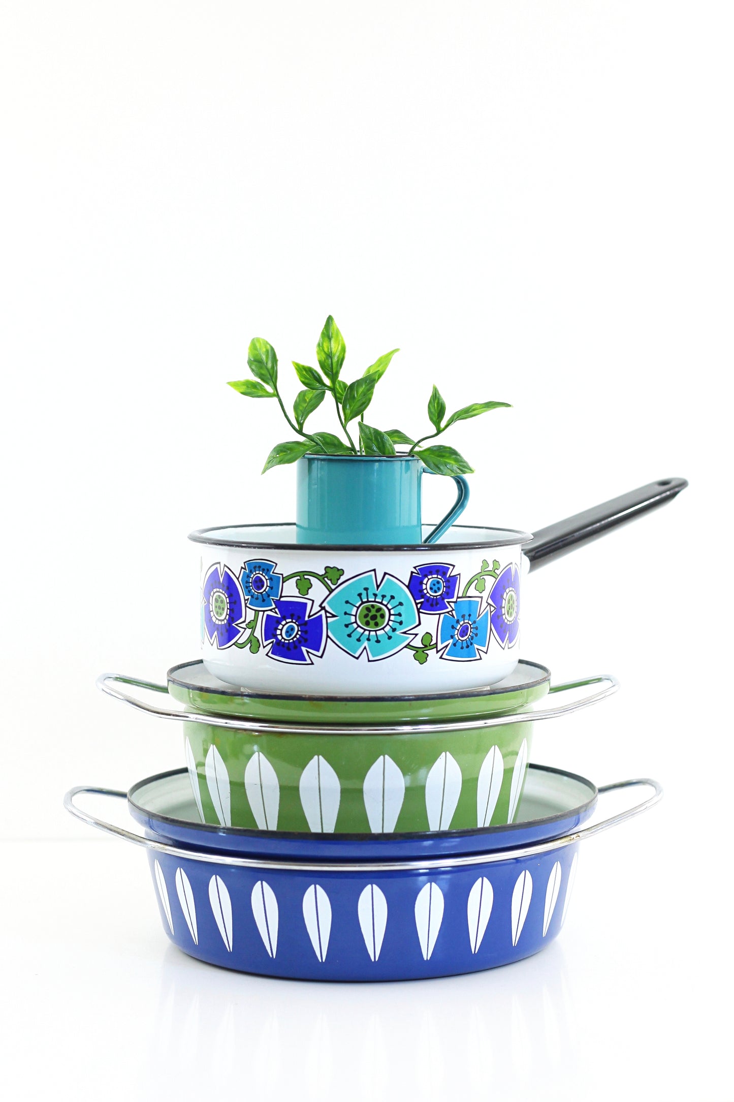 SOLD - Vintage Enamel Sauce Pan with Turquoise & Cobalt Flowers