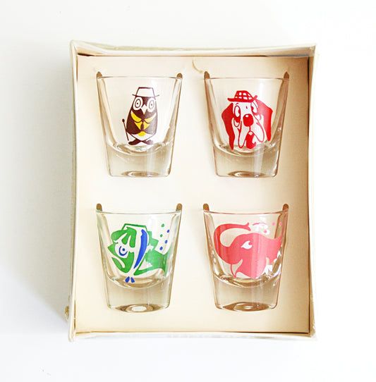 SOLD - Vintage Kitschy Animals Shot Glasses by Federal Glass / Mid Century Shot Glass Set