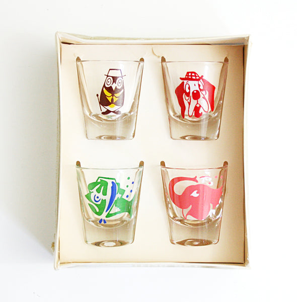 SOLD Vintage Kitschy Animals Shot Glasses by Federal Glass / Mid Cen