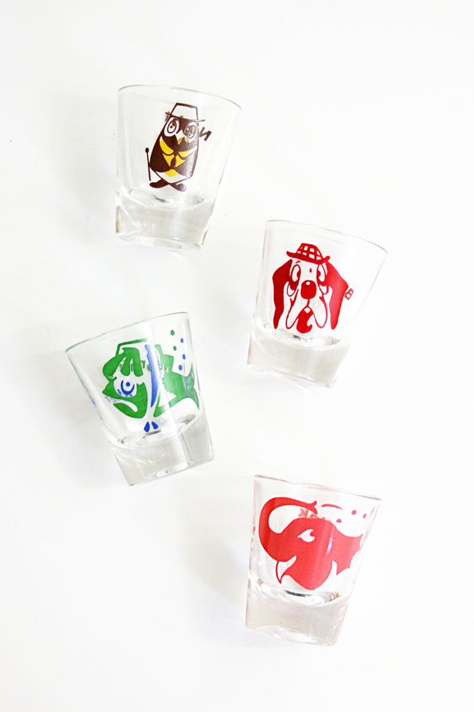 SOLD Vintage Kitschy Animals Shot Glasses by Federal Glass / Mid Cen