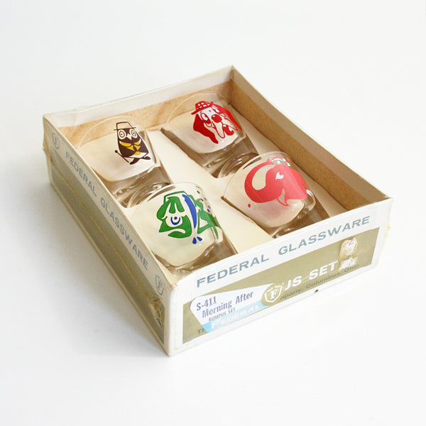 SOLD Vintage Kitschy Animals Shot Glasses by Federal Glass / Mid Cen