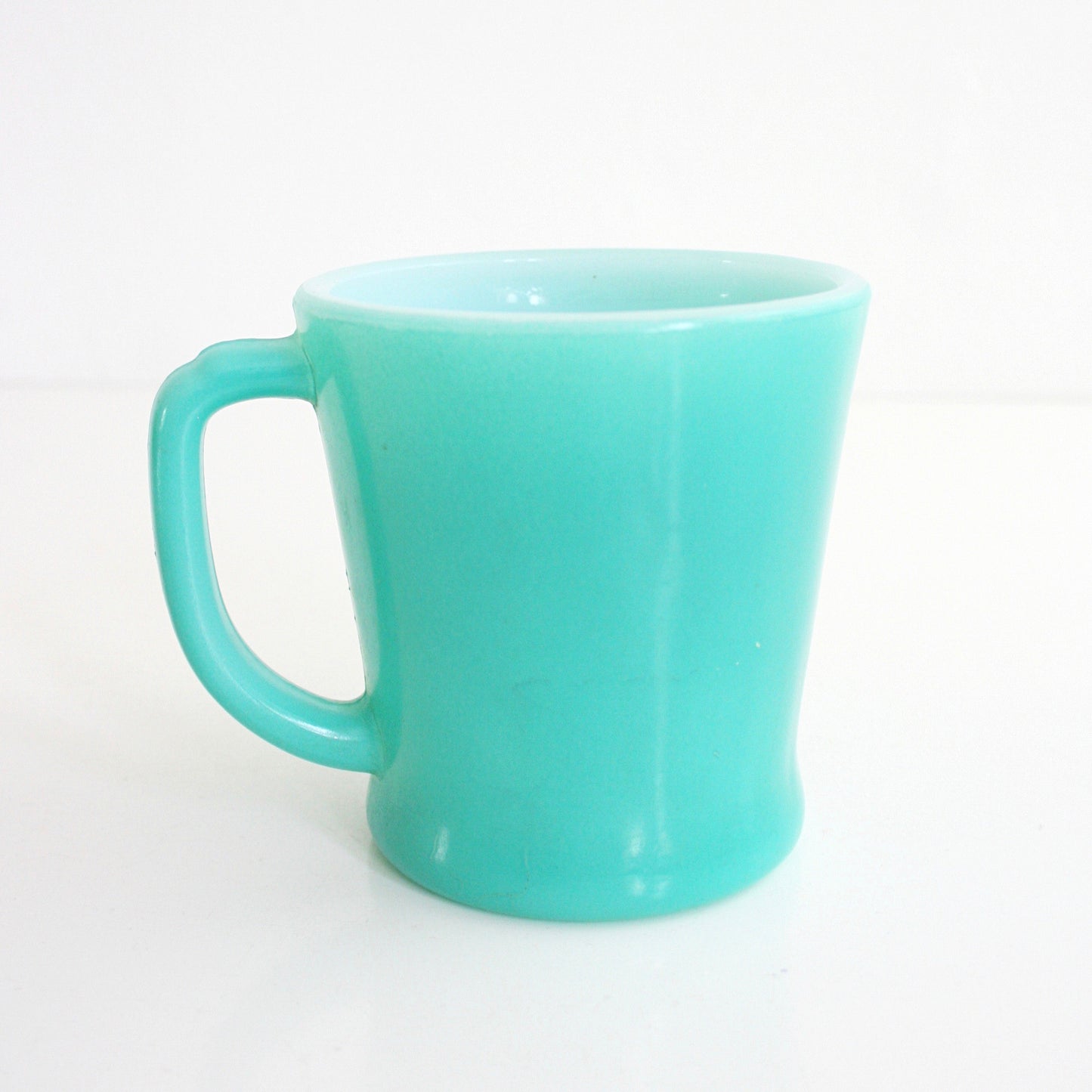 SOLD - Mid Century Aqua Blue Fire King D Handle Milk Glass Mug