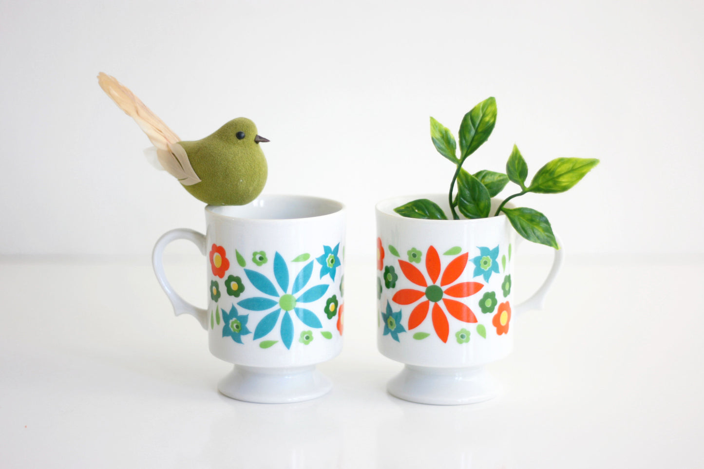 SOLD - Mid Century Modern Colorful Flower Mugs