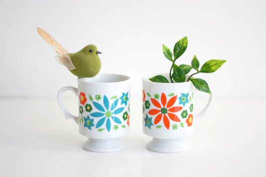SOLD - Mid Century Modern Colorful Flower Mugs