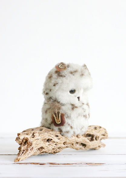 SOLD - Vintage 1970s Fuzzy Owl On A Drift Wood Branch / Retro Macrame Owl