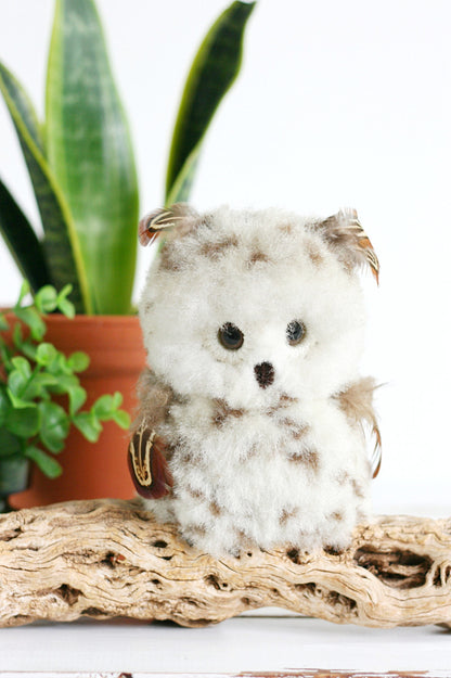 SOLD - Vintage 1970s Fuzzy Owl On A Drift Wood Branch / Retro Macrame Owl