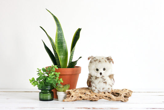 SOLD - Vintage 1970s Fuzzy Owl On A Drift Wood Branch / Retro Macrame Owl