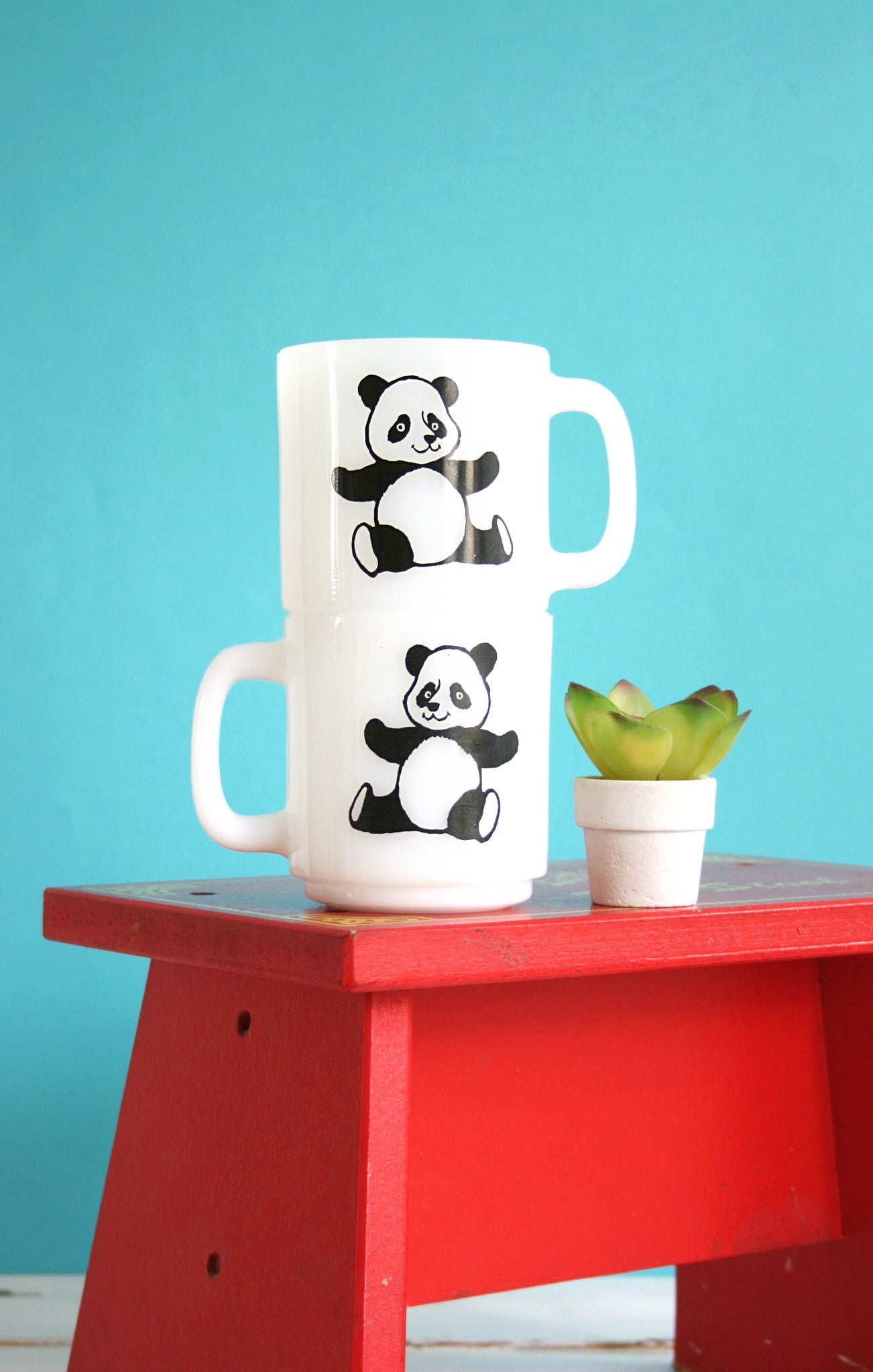 SOLD - Vintage Glasbake Panda Bear Mugs