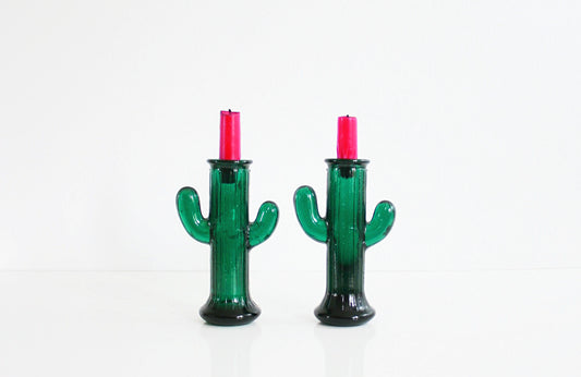 SOLD - Vintage Green Glass Cacti Candle Holders / Colored Glass Cactus Candlesticks