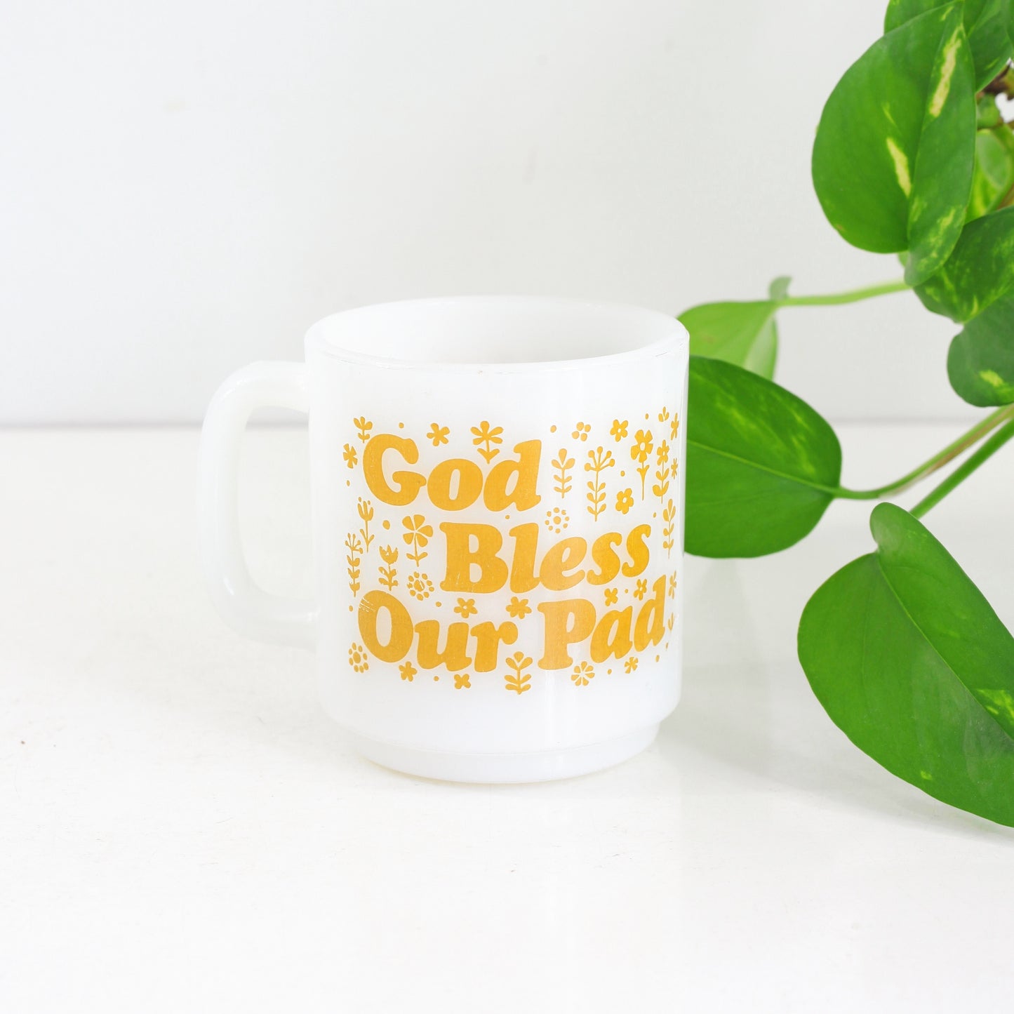 SOLD - Vintage 'God Bless Our Pad' Milk Glass Mug