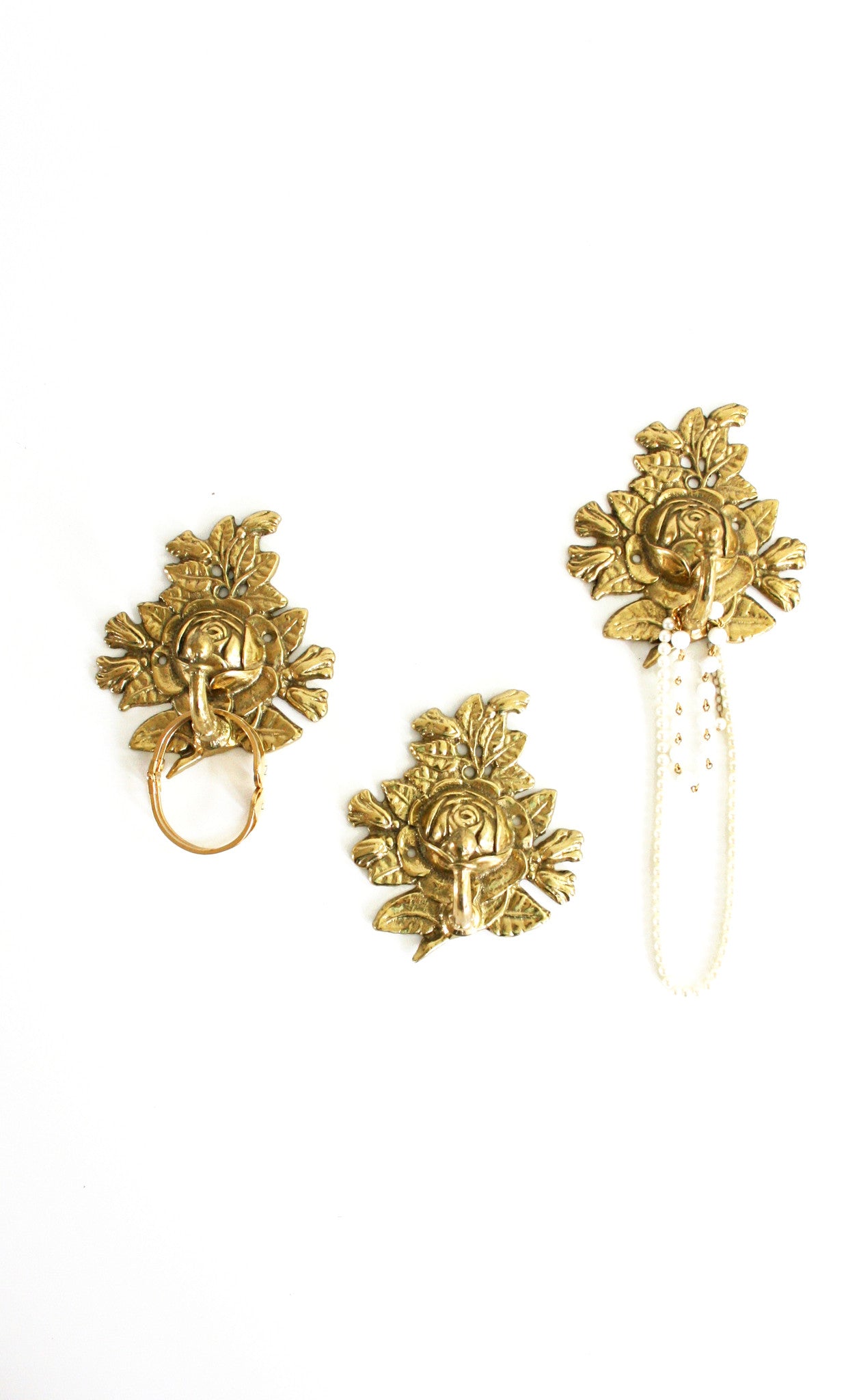 SOLD - Vintage Golden Brass Rose Flower Wall Hooks / Hollywood Regency Rose Hooks