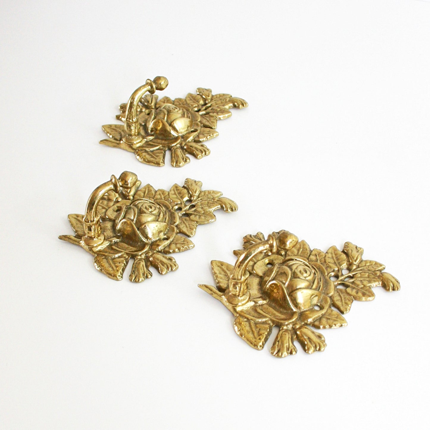 SOLD - Vintage Golden Brass Rose Flower Wall Hooks / Hollywood Regency Rose Hooks