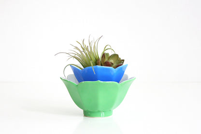 SOLD - Vintage Green and Blue Porcelain Lotus Bowls / Colorful Mid Century Lotus Bowls
