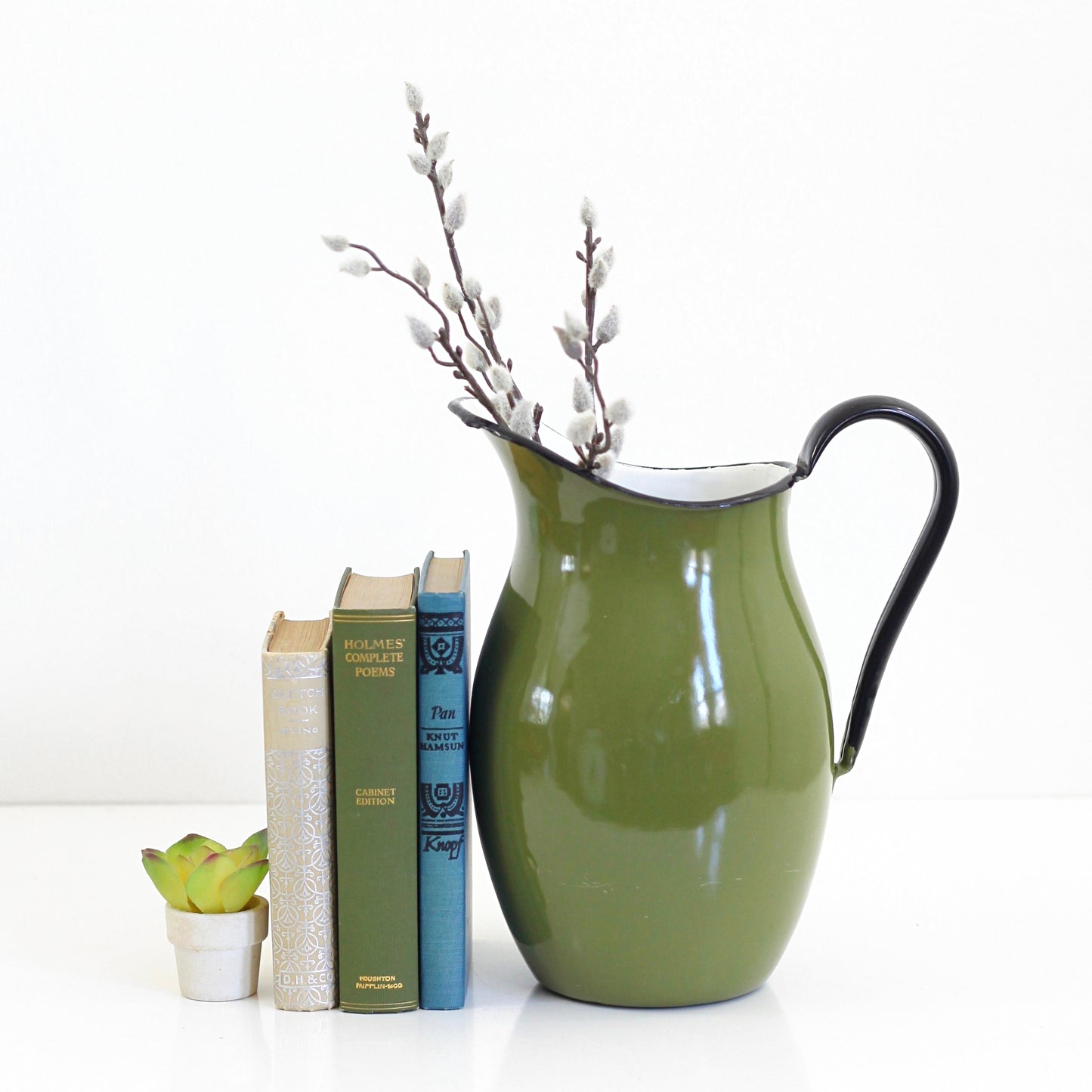 SOLD - Large Vintage Green Enamel Pitcher