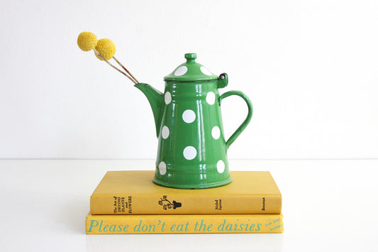 SOLD - Vintage Green and White Polka Dot Kettle by EMO Celje Yugoslavia