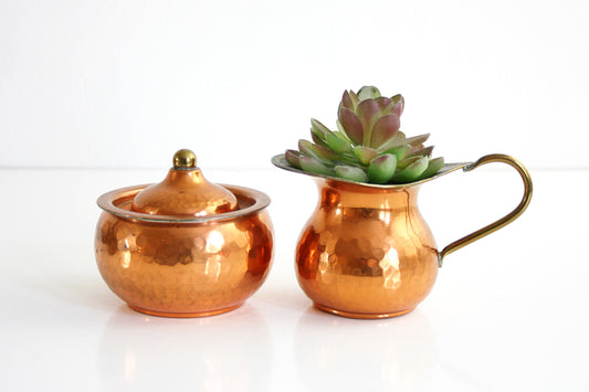 SOLD - Vintage Hammered Copper and Brass Cream and Sugar Set