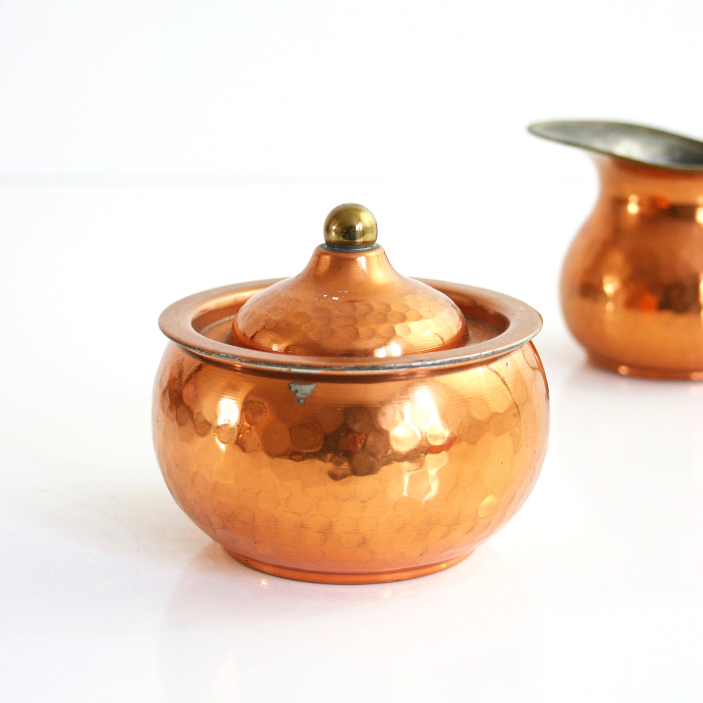 SOLD - Vintage Hammered Copper and Brass Cream and Sugar Set