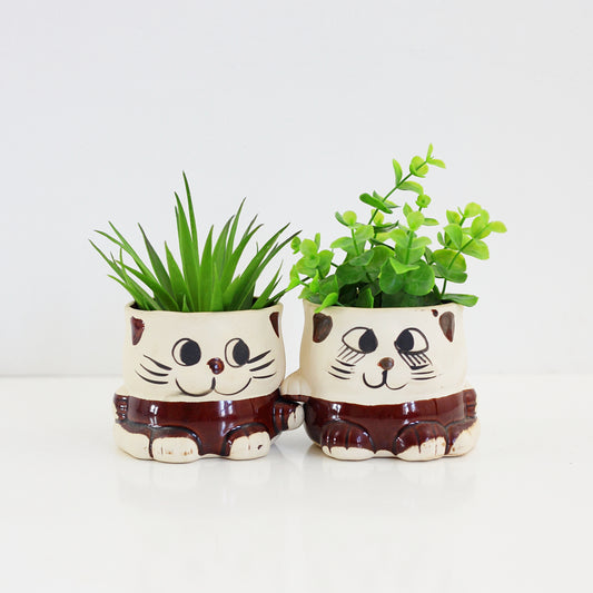 SOLD - Vintage Hand-Holding Stoneware Cat Planters
