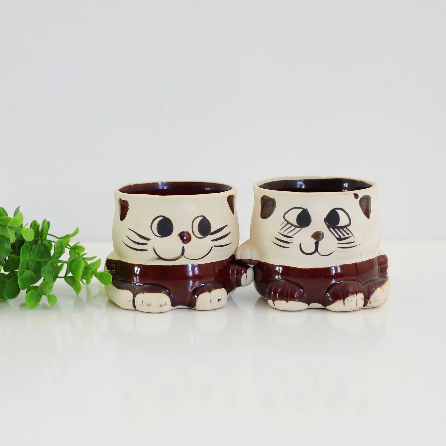 SOLD - Vintage Hand-Holding Stoneware Cat Planters