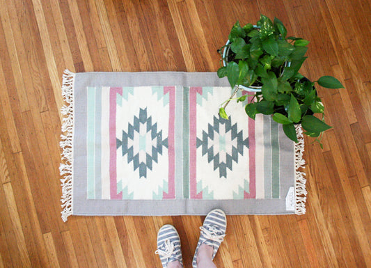 SOLD - Vintage Hand Knotted 100% Wool Pile Throw Rug / Boho Geometric Rug from India