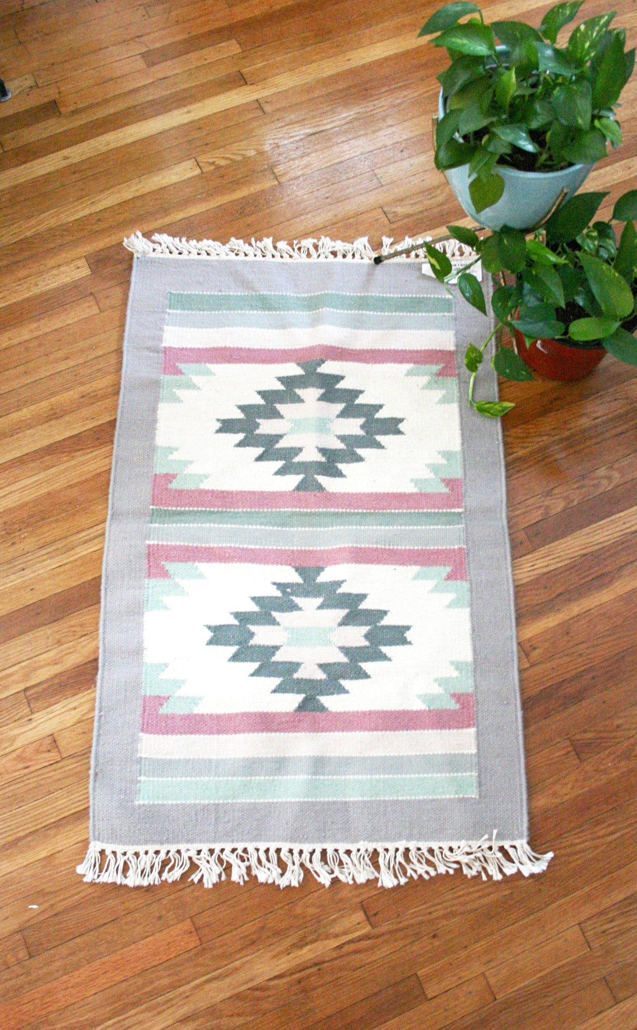 SOLD - Vintage Hand Knotted 100% Wool Pile Throw Rug / Boho Geometric Rug from India