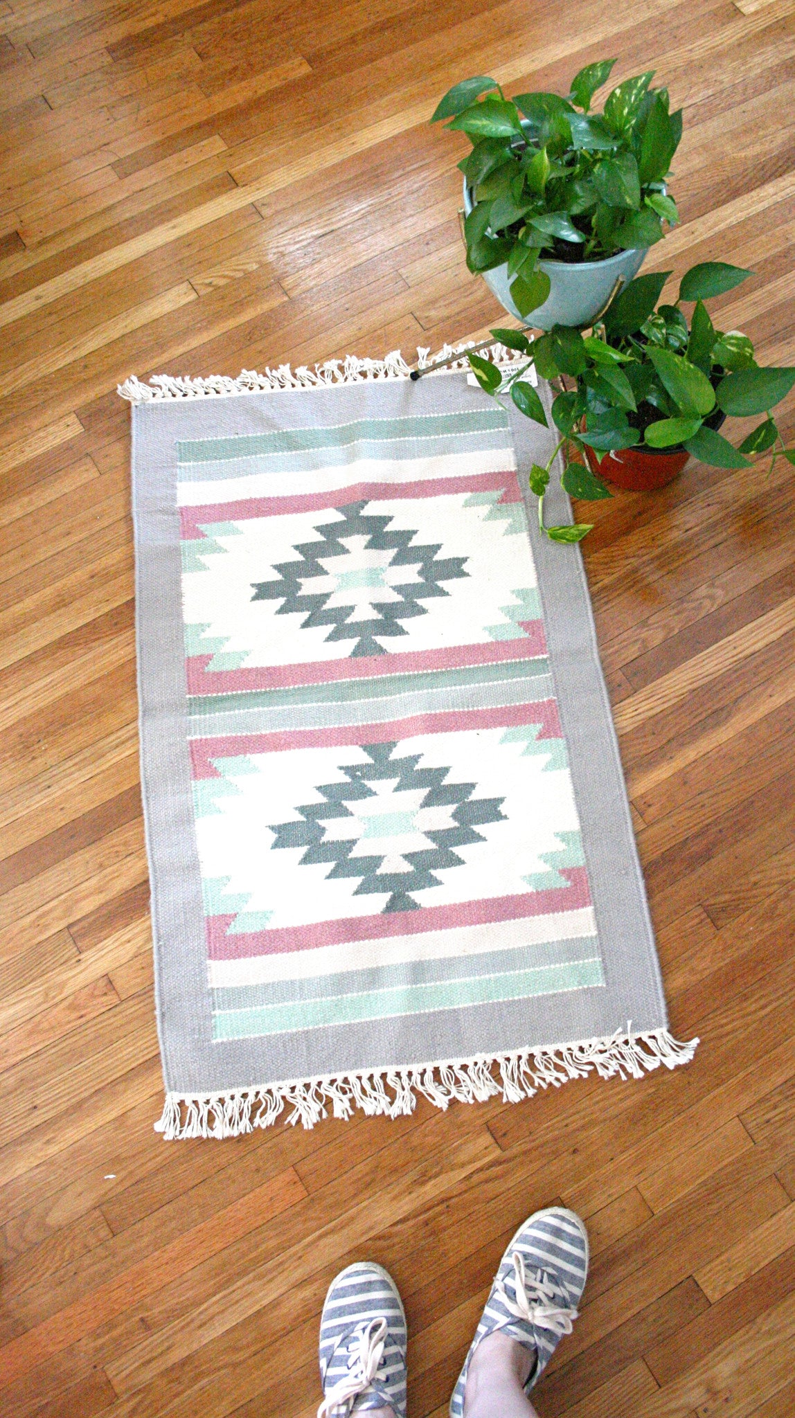 SOLD - Vintage Hand Knotted 100% Wool Pile Throw Rug / Boho Geometric Rug from India