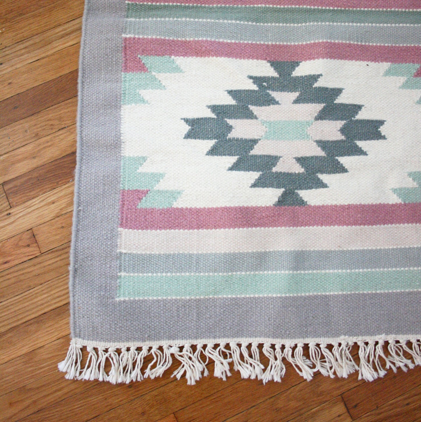 SOLD - Vintage Hand Knotted 100% Wool Pile Throw Rug / Boho Geometric Rug from India