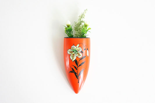 SOLD - Bright Orange Hand Painted Vintage Flower Wall Pocket from Japan