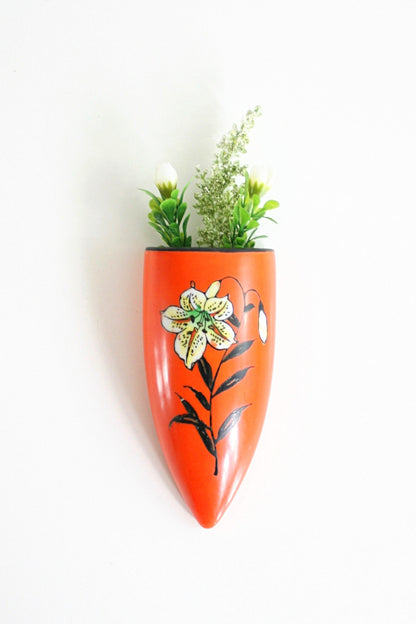 SOLD - Bright Orange Hand Painted Vintage Flower Wall Pocket from Japan