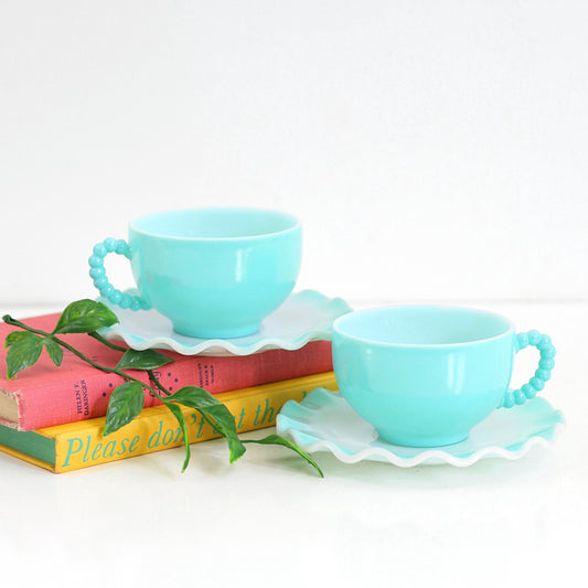 SOLD - Vintage Hazel Atlas Aqua Blue Crinoline Tea Cups and Saucers