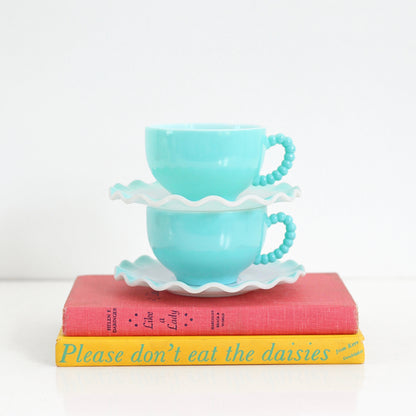 SOLD - Vintage Hazel Atlas Aqua Blue Crinoline Tea Cups and Saucers