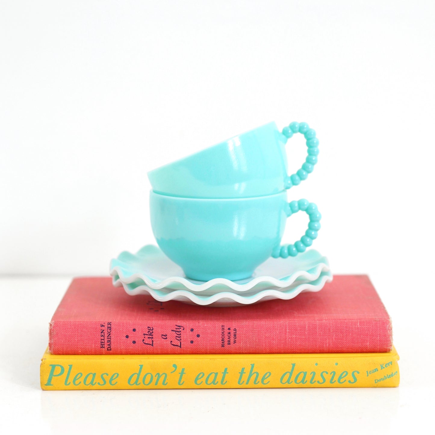 SOLD - Vintage Hazel Atlas Aqua Blue Crinoline Tea Cups and Saucers