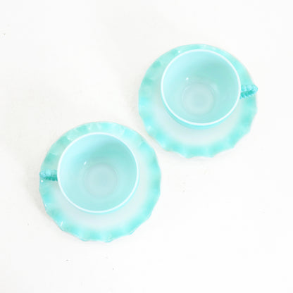 SOLD - Vintage Hazel Atlas Aqua Blue Crinoline Tea Cups and Saucers