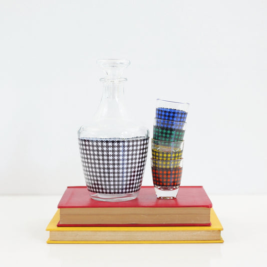 SOLD - Mid Century Houndstooth Shot Glasses & Decanter Set from France