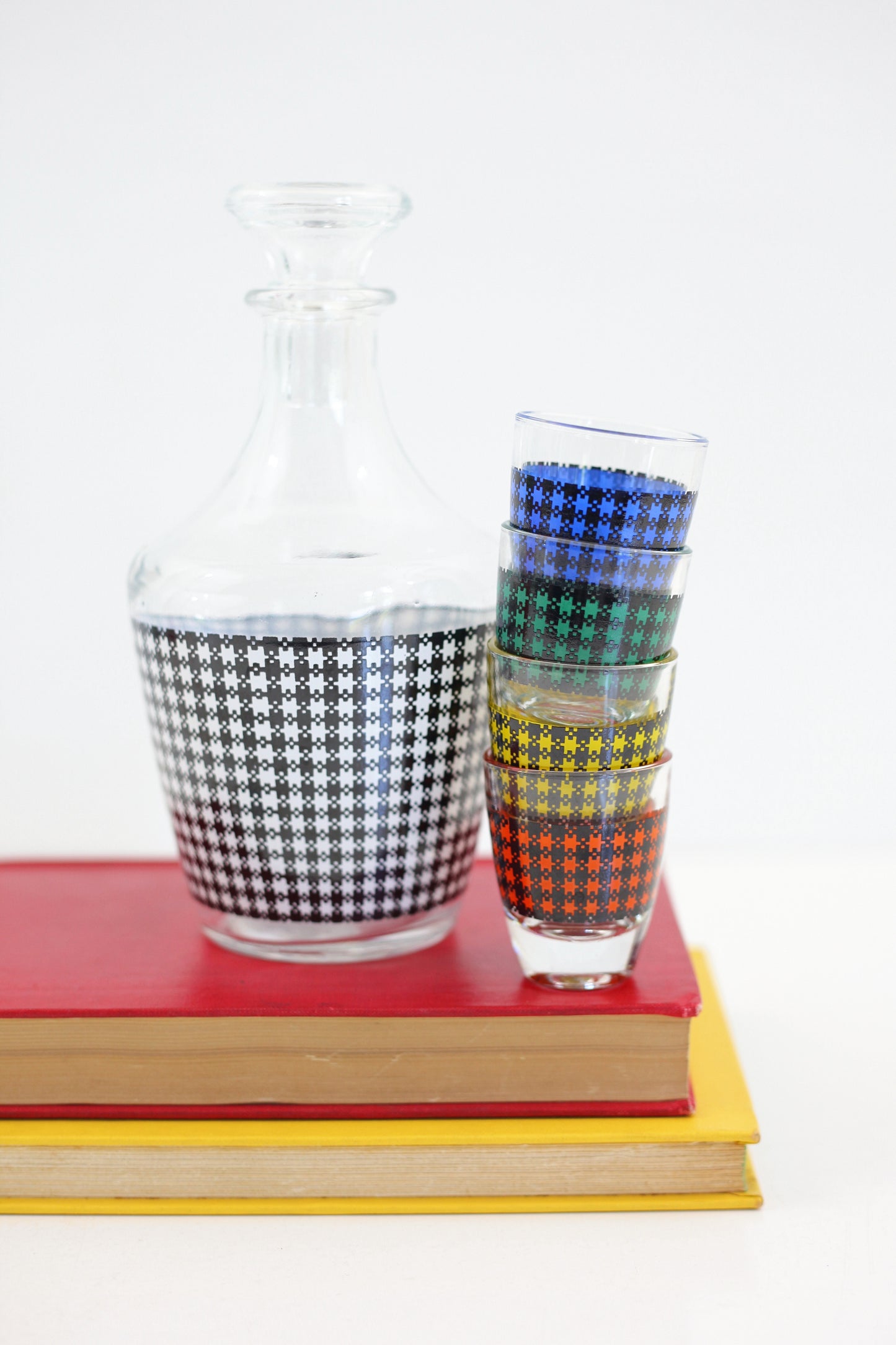 SOLD - Mid Century Houndstooth Shot Glasses & Decanter Set from France
