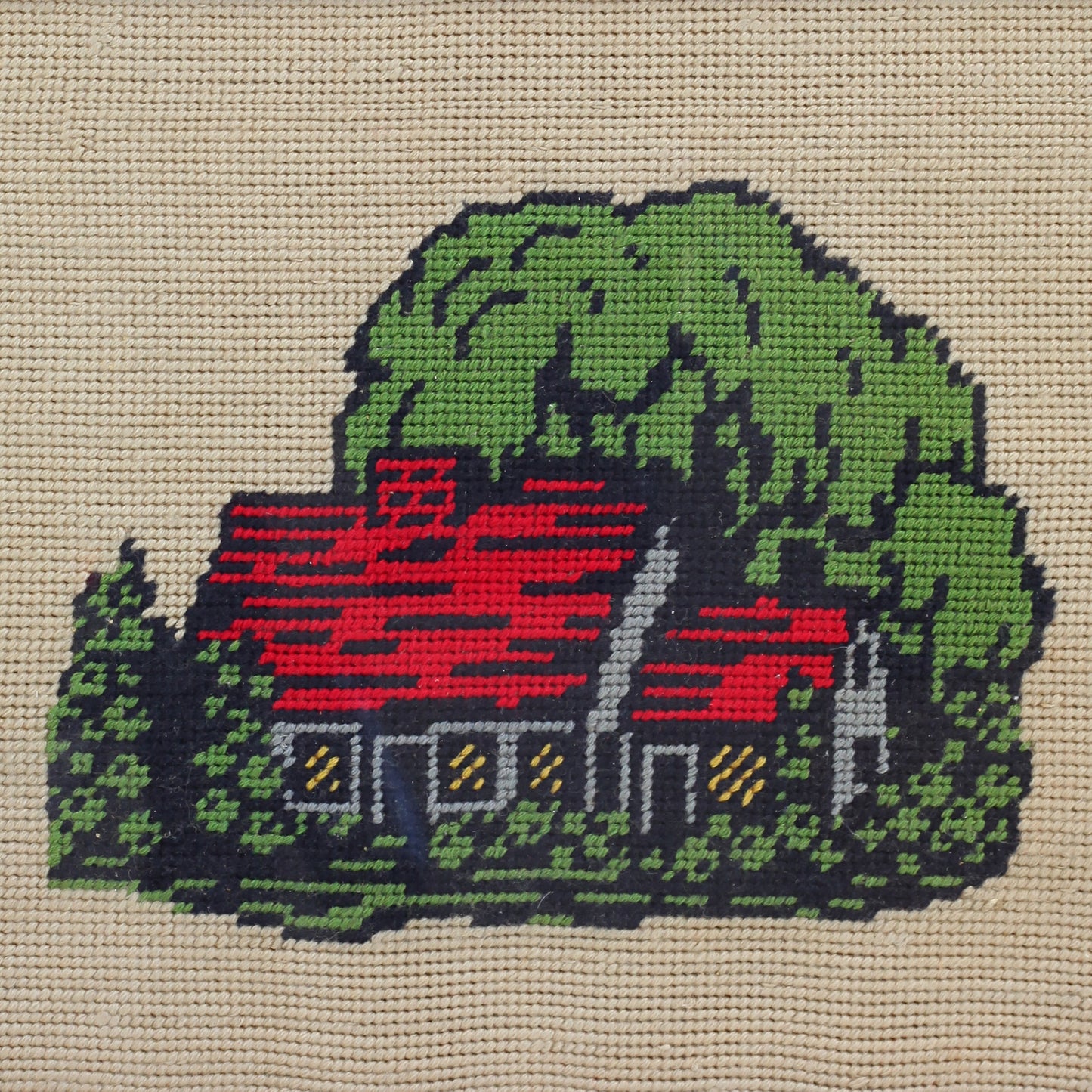 SOLD - Vintage Colorful Cottage Needlework Embroidery