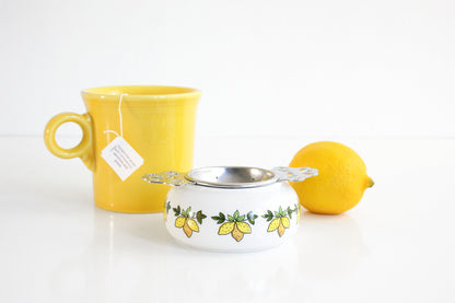 SOLD - Vintage Porcelain & Metal Tea Bag Holder / Retro Lemons Two Piece Tea Bag Strainer