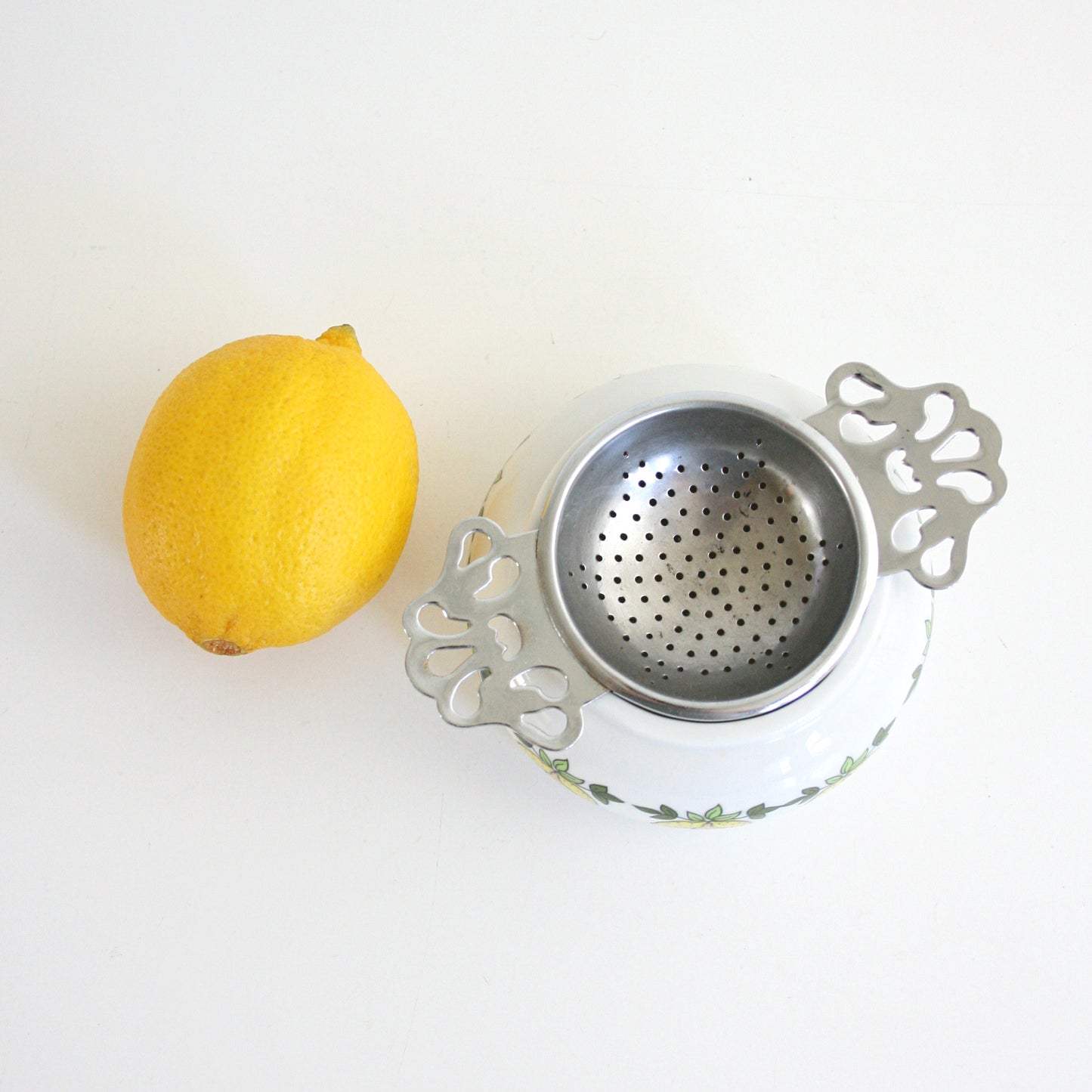 SOLD - Vintage Porcelain & Metal Tea Bag Holder / Retro Lemons Two Piece Tea Strainer