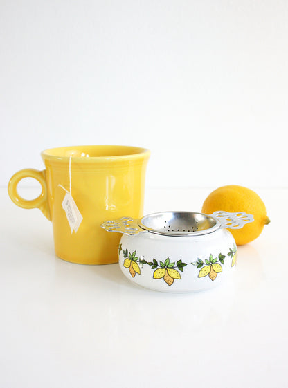 SOLD - Vintage Porcelain & Metal Tea Bag Holder / Retro Lemons Two Piece Tea Bag Strainer